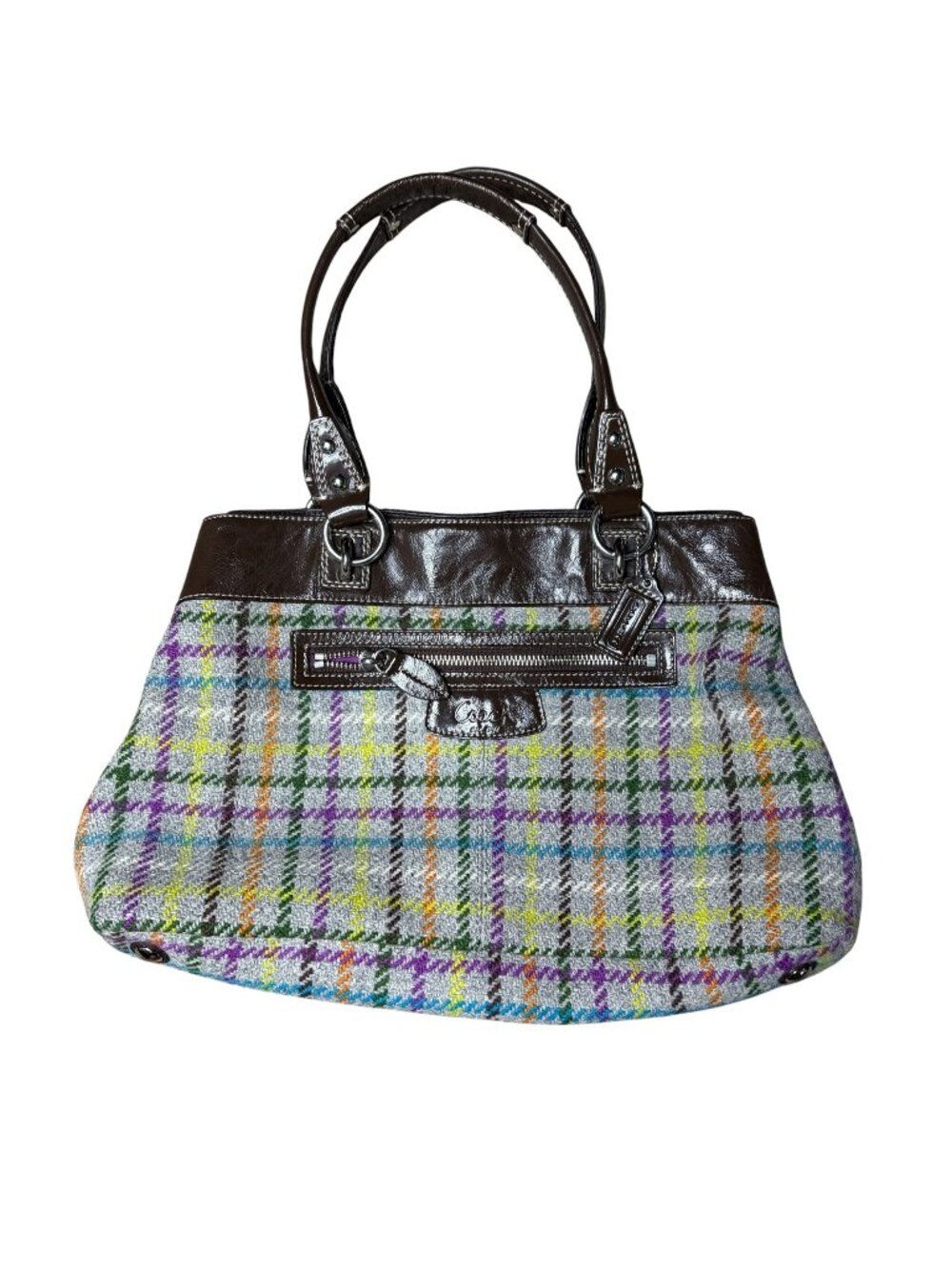 COACH Penelope Tattersall Plaid Wool Tweed Patent Leather Shoulder Bag